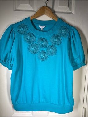 crown & ivy Cotton Turquoise Floral-Appliqué Puff-Sleeve Sweatshirt Sz L